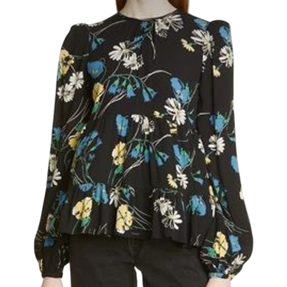 ByTiMo NWT Black Floral Bubble Crepe Blouse Daisy Size S Long Sleeve Round Neck